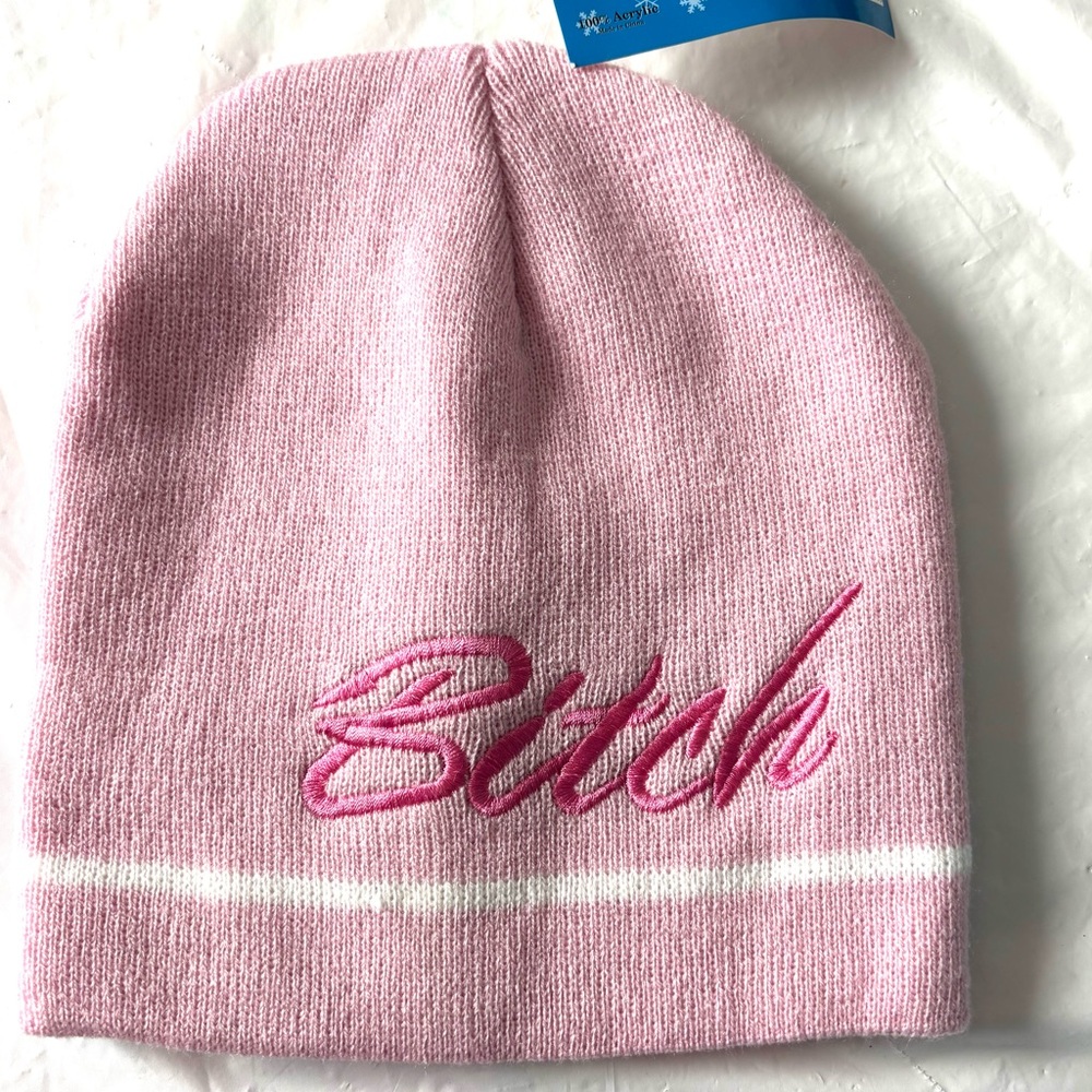 NWT Beanie Cap Pink Embroidered Text SZ O/S
